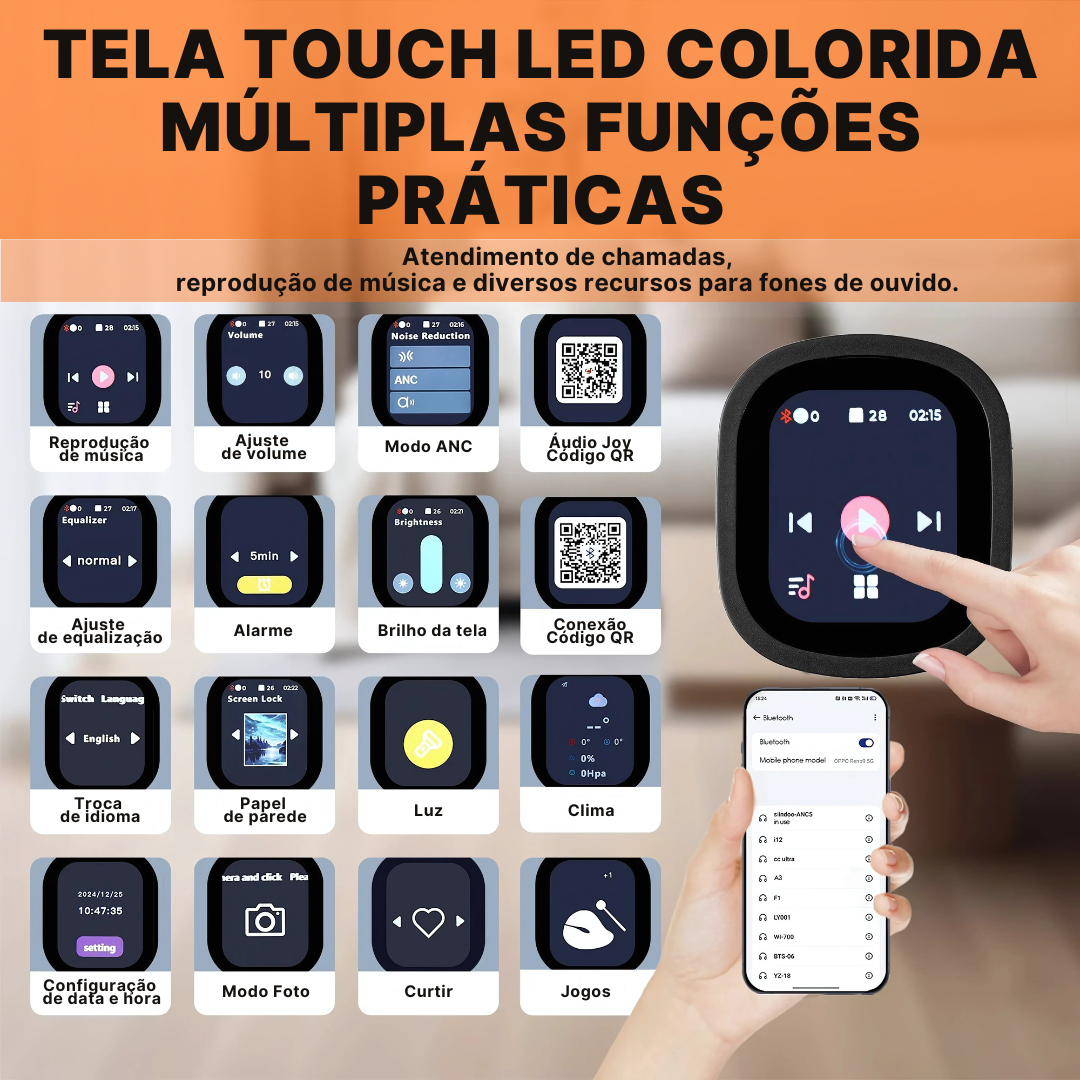 Headset Bluetooth Siindoo com Cancelamento de Ruído Ativo e Tela LED Touch