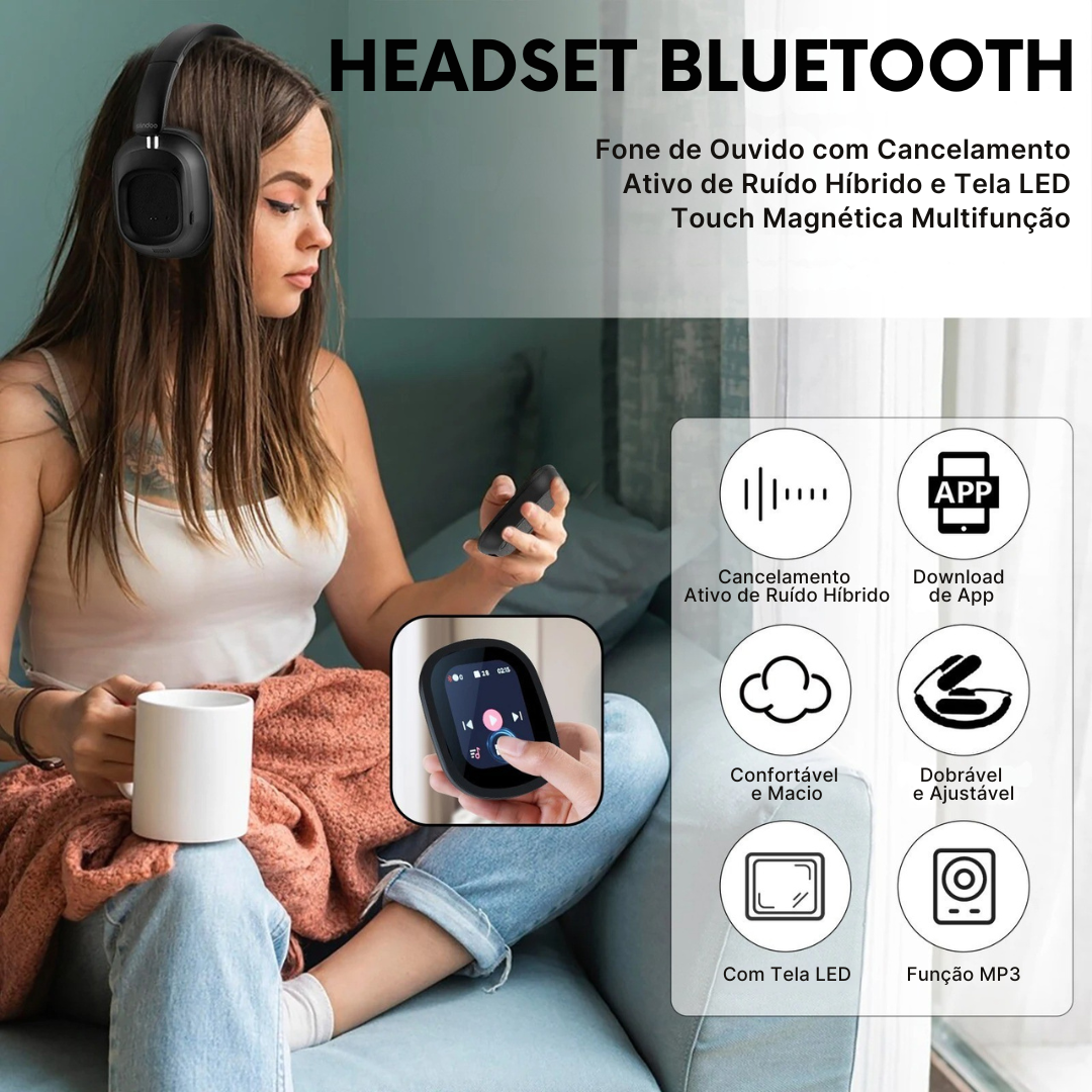 Headset Bluetooth Siindoo com Cancelamento de Ruído Ativo e Tela LED Touch